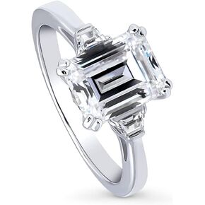 BERRICLE Sterling Silver 3-Stone Wedding Engagement Rings Emerald Cut Cubic Zirconia CZ Ring for Women, Rhodium Plated Size 4-10