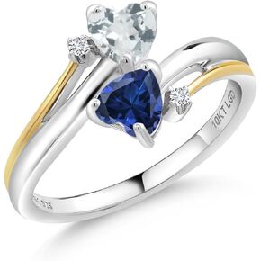 Gem Stone King 0.94 Ct Sky Blue Aquamarine Blue Created Sapphire 925 Silver and 10K Yellow Gold Lab Grown Diamond 2 Heart Promise Couple Engagement Mother Ring