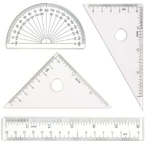 Coopay 4 Pieces Math Geometry Tool Set Includes Plastic Clear Ruler, Protractor, Triangle for School Office Home Supplies (6 inch)