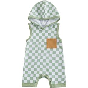 Baby Boy Romper Sleeveless Checkerboard Hooded Jumpsuit Newborn Tank Tops Infant One Piece Outfit Summer Clothes