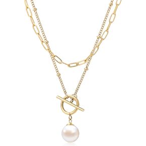 Gold Layered Pearl pendant Necklaces, 18K Gold Plated Initial Paperclip Link Chain Necklace Necklace Jewelry Gifts for Women