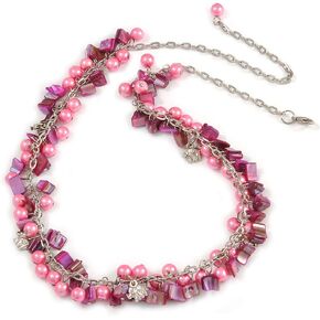 Statement Pink Glass, Magenta Nugget Silver Tone Chain Necklace - 60cm L/ 8cm Ext