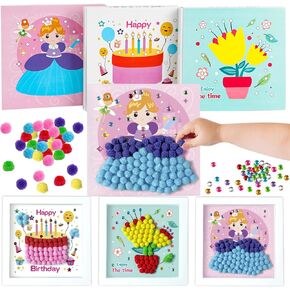 3 PCS DIY Pom Pom Art Painting Kit,Makes 3 Art Pieces DIY Cake Princess Flowers Pom Pom Arts and Crafts for Kids Boys and Girls Age 3+ Toddler