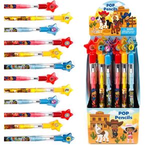 TINYMILLS 24 Pcs Western Black Cowboys Cowgirls Multi Point Pencils Stackable Stacking Push Pencils Assortment with Eraser for Western Birthday Party Favor Goodie Bag Stuffers