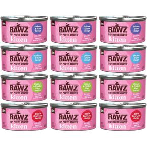Rawz Natural Premium Kitten Pate Canned Cat Wet Food -12 Pack Cans Variety Flavor Bundle Pack -4 Flavors - (Salmon, Chicken, Tuna, Beef) with Hotspot Pets Can Lid - (2.8 oz Cans)