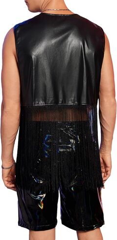 OYOANGLE Men's Open Front Fringe Trim Vest Jacket PU Leather Asymmetrical Outwear Jacket in Saudi Arabia