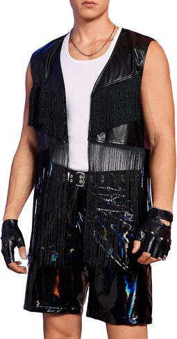 OYOANGLE Men's Open Front Fringe Trim Vest Jacket PU Leather Asymmetrical Outwear Jacket in Saudi Arabia