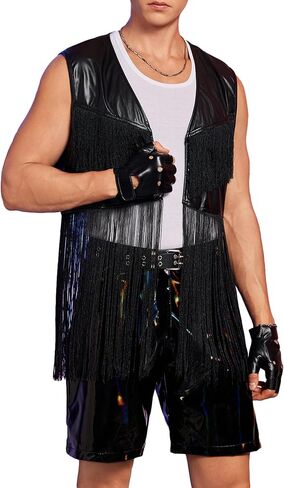 OYOANGLE Men's Open Front Fringe Trim Vest Jacket PU Leather Asymmetrical Outwear Jacket in Saudi Arabia