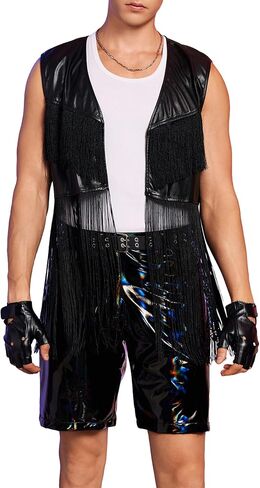 OYOANGLE Men's Open Front Fringe Trim Vest Jacket PU Leather Asymmetrical Outwear Jacket in Saudi Arabia