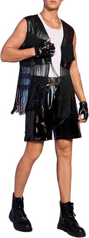 OYOANGLE Men's Open Front Fringe Trim Vest Jacket PU Leather Asymmetrical Outwear Jacket in Saudi Arabia