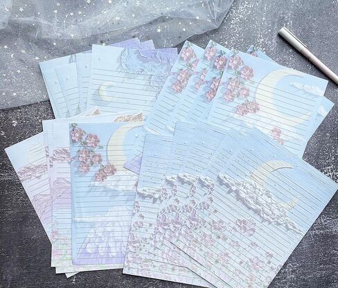 60 ورقة قرطاسية للكتابة مبطنة، تصميمات جميلة للقمر والزهور لكتابة الرسائل والملاحظات والدعوات والحرف اليدوية، 4 أنماط مختلفة (9.6 × 6.9 بوصة) in Kuwait