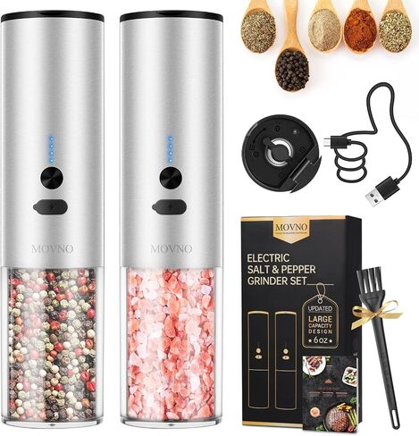 MOVNO Circuit Protection Electric Salt and Pepper Grinder Set With USB Rechargeable Adjustable Coarseness & LED Light, Large Capacity Automatic Electric Salt and Pepper Shakers Mill Set Refillable in Saudi Arabia