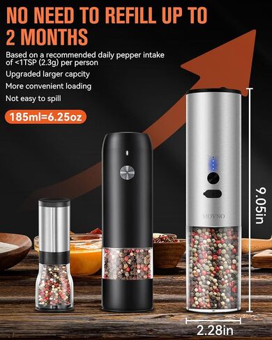MOVNO Circuit Protection Electric Salt and Pepper Grinder Set With USB Rechargeable Adjustable Coarseness & LED Light, Large Capacity Automatic Electric Salt and Pepper Shakers Mill Set Refillable in Saudi Arabia