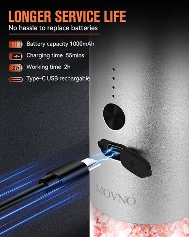 MOVNO Circuit Protection Electric Salt and Pepper Grinder Set With USB Rechargeable Adjustable Coarseness & LED Light, Large Capacity Automatic Electric Salt and Pepper Shakers Mill Set Refillable in Saudi Arabia