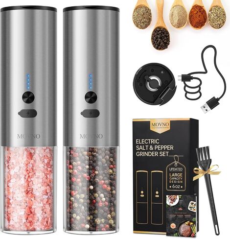 MOVNO Circuit Protection Electric Salt and Pepper Grinder Set With USB Rechargeable Adjustable Coarseness & LED Light, Large Capacity Automatic Electric Salt and Pepper Shakers Mill Set Refillable in Saudi Arabia