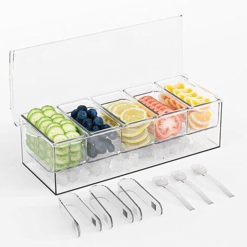 Chilled Condiment Caddy,Condiment Server with Lid,Condiment Organizer on Ice,5 Condiment Tray with lid for Fruit,Salad Parties, Chilled Serving in Saudi Arabia