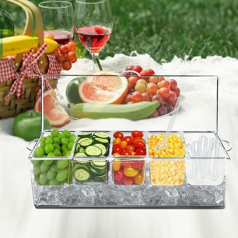 Chilled Condiment Caddy,Condiment Server with Lid,Condiment Organizer on Ice,5 Condiment Tray with lid for Fruit,Salad Parties, Chilled Serving in Saudi Arabia