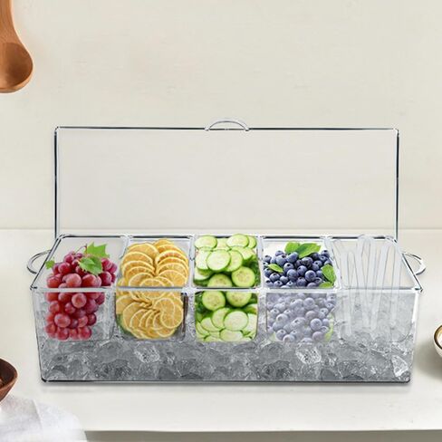 Chilled Condiment Caddy,Condiment Server with Lid,Condiment Organizer on Ice,5 Condiment Tray with lid for Fruit,Salad Parties, Chilled Serving in Saudi Arabia