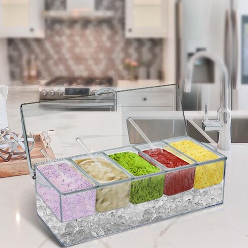 Chilled Condiment Caddy,Condiment Server with Lid,Condiment Organizer on Ice,5 Condiment Tray with lid for Fruit,Salad Parties, Chilled Serving in Saudi Arabia