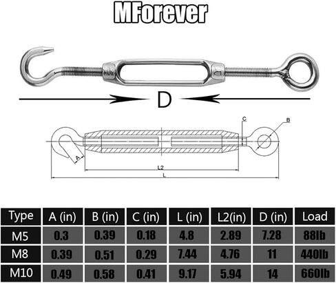 MFOREVER M5/M8/M10 304 خطاف من الفولاذ المقاوم للصدأ ووصلة ربط المقطورة خفيفة الوزن سلك حبل الشد (M8-4pcs) in Kuwait