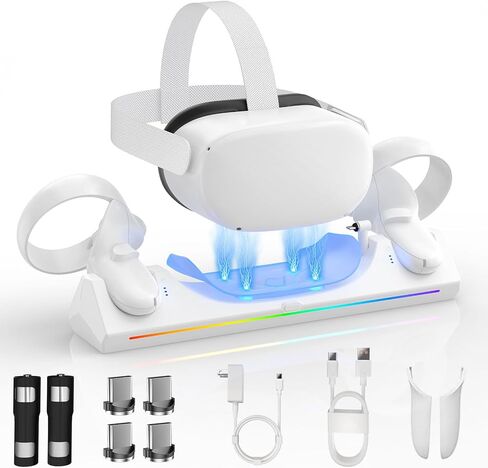 قاعدة شحن لـ Oculus Quest 2، محطة شحن VR مع إضاءة LED لـ Meta Quest 2 (يدعم حزام Elite مع البطارية)، مع بطاريتين قابلتين لإعادة الشحن بقدرة 2100 مللي أمبير في الساعة، وشاحن USB-C وكابل in Saudi Arabia