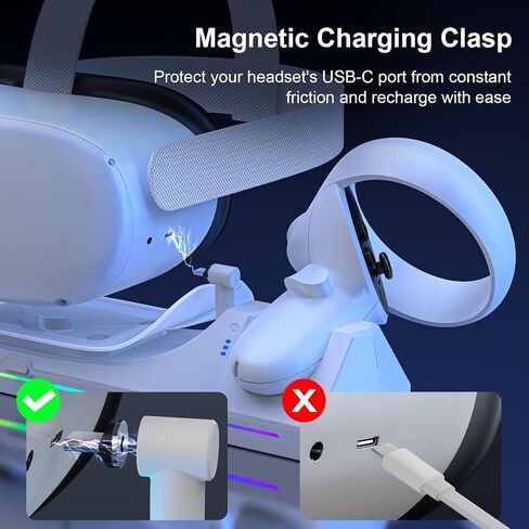 قاعدة شحن لـ Oculus Quest 2، محطة شحن VR مع إضاءة LED لـ Meta Quest 2 (يدعم حزام Elite مع البطارية)، مع بطاريتين قابلتين لإعادة الشحن بقدرة 2100 مللي أمبير في الساعة، وشاحن USB-C وكابل in Saudi Arabia