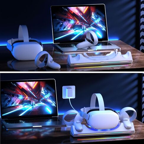 قاعدة شحن لـ Oculus Quest 2، محطة شحن VR مع إضاءة LED لـ Meta Quest 2 (يدعم حزام Elite مع البطارية)، مع بطاريتين قابلتين لإعادة الشحن بقدرة 2100 مللي أمبير في الساعة، وشاحن USB-C وكابل in Saudi Arabia