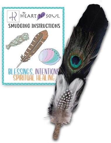 Smudge Feather, Turkey and Peacock, Unique Homecrafted Energy Cleansing Clearing Spiritual Practice House Smudging - Detailed Instructions for Beginners (Black/White) in Saudi Arabia