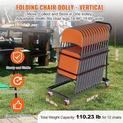 VEVOR Folding Chair Dolly, 39"L x 21"W x 42.9"H L-Shaped Steel Vertical Storage Cart, Multi-Function Chair Cart with 4 Casters 12 Chairs Capacity for Flat Stacking Plastic Resin & Wood Chairs, Black in Saudi Arabia