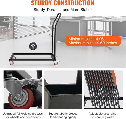 VEVOR Folding Chair Dolly, 39"L x 21"W x 42.9"H L-Shaped Steel Vertical Storage Cart, Multi-Function Chair Cart with 4 Casters 12 Chairs Capacity for Flat Stacking Plastic Resin & Wood Chairs, Black in Saudi Arabia
