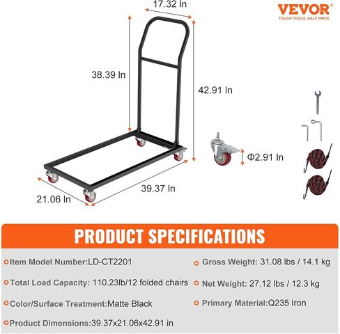 VEVOR Folding Chair Dolly, 39"L x 21"W x 42.9"H L-Shaped Steel Vertical Storage Cart, Multi-Function Chair Cart with 4 Casters 12 Chairs Capacity for Flat Stacking Plastic Resin & Wood Chairs, Black in Saudi Arabia