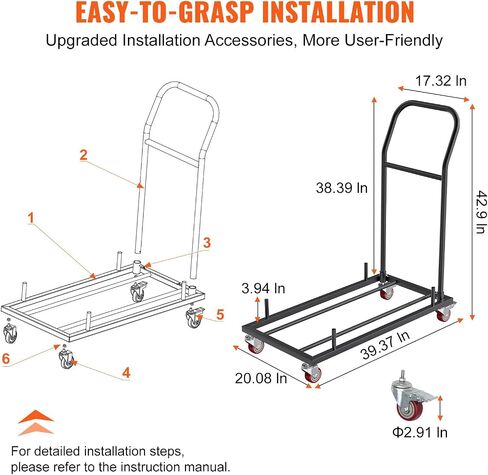 VEVOR Folding Chair Dolly, 39"L x 21"W x 42.9"H L-Shaped Steel Vertical Storage Cart, Multi-Function Chair Cart with 4 Casters 12 Chairs Capacity for Flat Stacking Plastic Resin & Wood Chairs, Black in Saudi Arabia