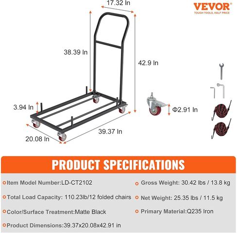 VEVOR Folding Chair Dolly, 39"L x 21"W x 42.9"H L-Shaped Steel Vertical Storage Cart, Multi-Function Chair Cart with 4 Casters 12 Chairs Capacity for Flat Stacking Plastic Resin & Wood Chairs, Black in Saudi Arabia