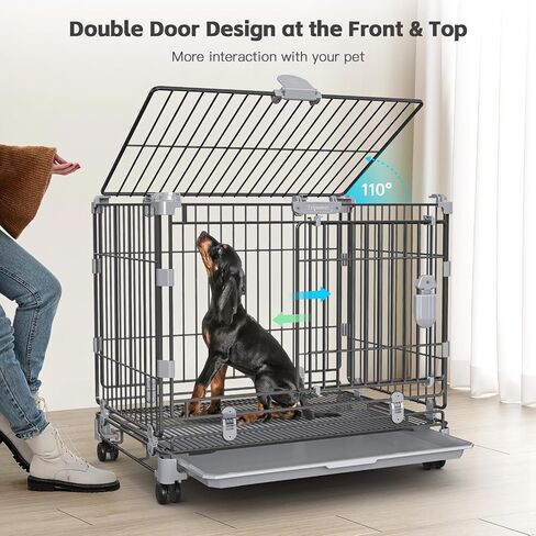 Medium Dog Crate with Wheels, 30 Inch Dog Crates for small dogs Double Door, Carbon Steel Medium Wire Dog Kennel with Divider and Leak-Proof Tray, Metal Dog Cage Medium Sized Dog Up to 40 Lbs in Saudi Arabia