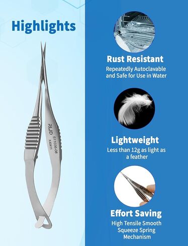 RWD Vannas Micro Scissors ، 3.2 "Tip Strain Fan Tip ، Spring Spring Action Scissors لقطع الغرز ، والتطريز ، والعين ، والجلد ، والأسنان ، والجراحة البيطرية (8 سم) - S11036-08 in Kuwait
