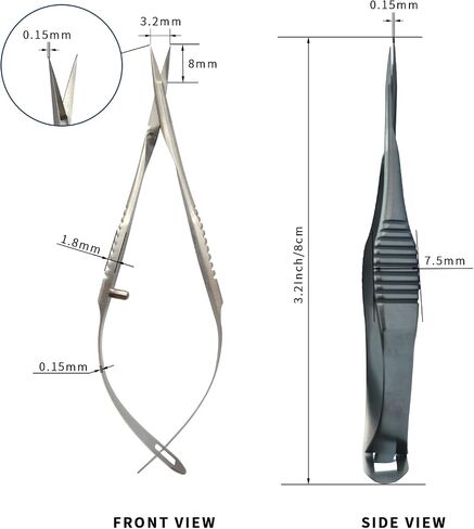 RWD Vannas Micro Scissors ، 3.2 "Tip Strain Fan Tip ، Spring Spring Action Scissors لقطع الغرز ، والتطريز ، والعين ، والجلد ، والأسنان ، والجراحة البيطرية (8 سم) - S11036-08 in Kuwait