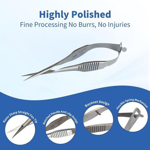 RWD Vannas Micro Scissors ، 3.2 "Tip Strain Fan Tip ، Spring Spring Action Scissors لقطع الغرز ، والتطريز ، والعين ، والجلد ، والأسنان ، والجراحة البيطرية (8 سم) - S11036-08 in Kuwait