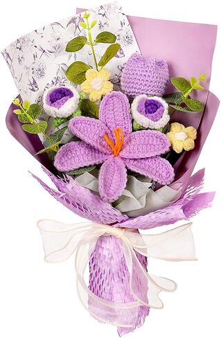 Hlenbin Crochet Flowers Bouquet - زنبق مصنوعة يدويًا الورود الإقحوانات المحبوكة لعيد الزفاف عيد ميلاد عيد ميلاد هدايا المنزل ديكور المنزل الوردي in Saudi Arabia
