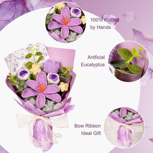 Hlenbin Crochet Flowers Bouquet - زنبق مصنوعة يدويًا الورود الإقحوانات المحبوكة لعيد الزفاف عيد ميلاد عيد ميلاد هدايا المنزل ديكور المنزل الوردي in Saudi Arabia