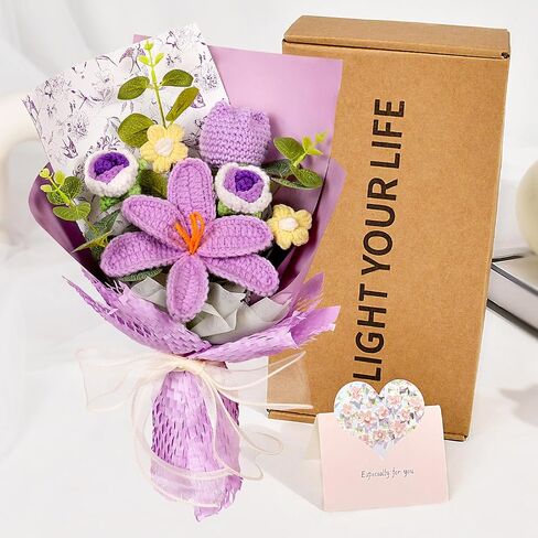 Hlenbin Crochet Flowers Bouquet - زنبق مصنوعة يدويًا الورود الإقحوانات المحبوكة لعيد الزفاف عيد ميلاد عيد ميلاد هدايا المنزل ديكور المنزل الوردي in Saudi Arabia