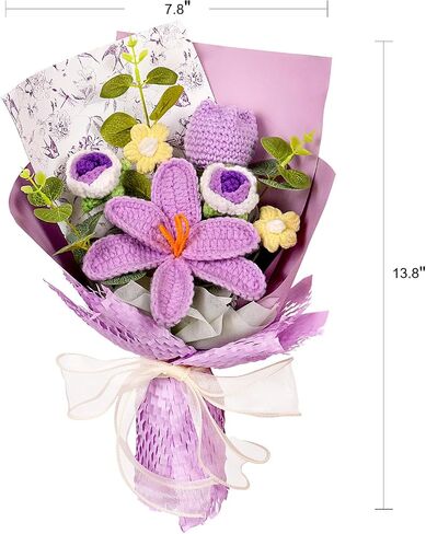 Hlenbin Crochet Flowers Bouquet - زنبق مصنوعة يدويًا الورود الإقحوانات المحبوكة لعيد الزفاف عيد ميلاد عيد ميلاد هدايا المنزل ديكور المنزل الوردي in Saudi Arabia