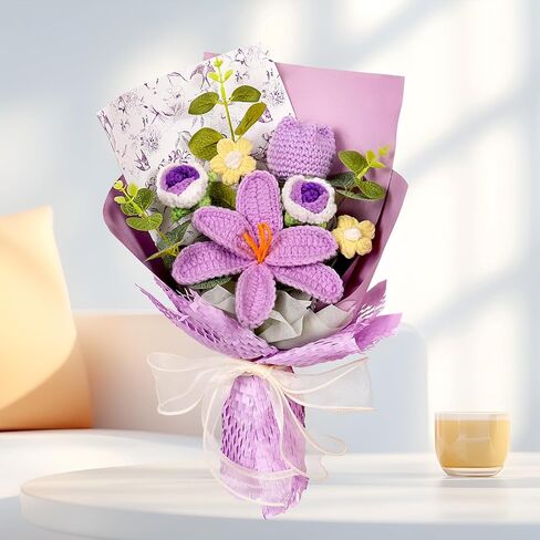 Hlenbin Crochet Flowers Bouquet - زنبق مصنوعة يدويًا الورود الإقحوانات المحبوكة لعيد الزفاف عيد ميلاد عيد ميلاد هدايا المنزل ديكور المنزل الوردي in Saudi Arabia
