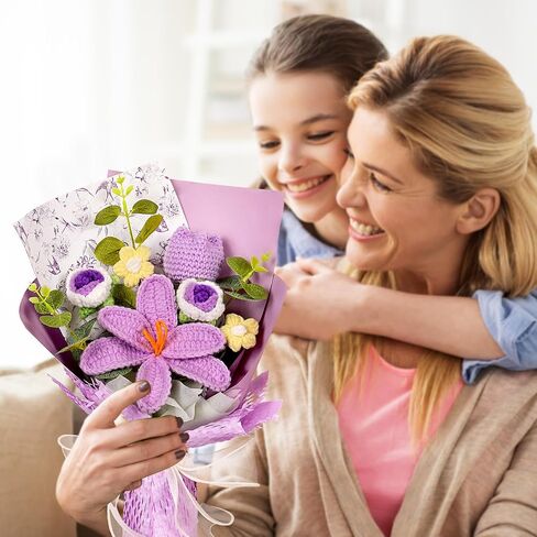 Hlenbin Crochet Flowers Bouquet - زنبق مصنوعة يدويًا الورود الإقحوانات المحبوكة لعيد الزفاف عيد ميلاد عيد ميلاد هدايا المنزل ديكور المنزل الوردي in Saudi Arabia