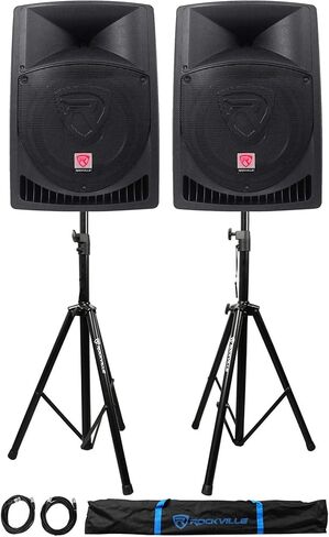 Rockville Pair RPG12 12" 1600w Powered PA/DJ Speakers + 2 Stands + 2 Cables+Bag in Kuwait