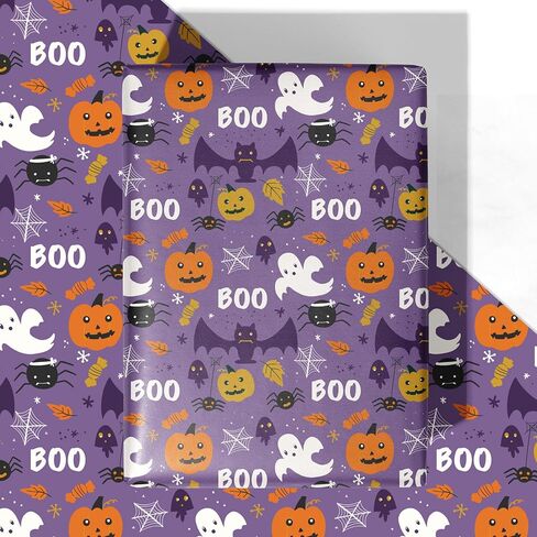 WRAPLULU Pink Halloween Wrapping Paper - 4 Jumbo Sheets, 28 * 40 Inches - Spider, Ghosts, Waith Hats, Cats and Pumpkin Gift Wrap, Perfect for Halloween's Decorations, Holiday, Party in Kuwait