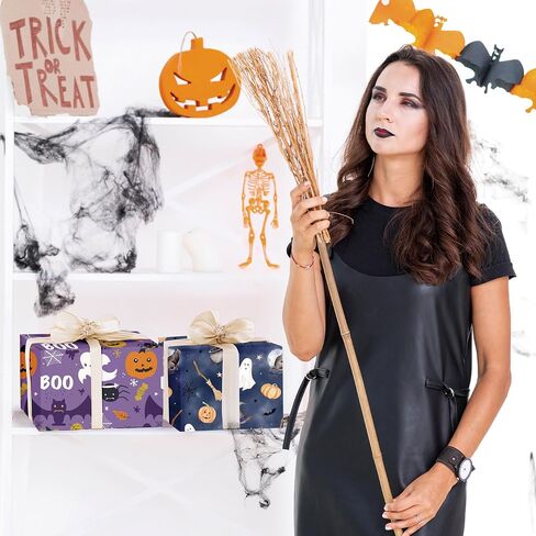 WRAPLULU Pink Halloween Wrapping Paper - 4 Jumbo Sheets, 28 * 40 Inches - Spider, Ghosts, Waith Hats, Cats and Pumpkin Gift Wrap, Perfect for Halloween's Decorations, Holiday, Party in Kuwait