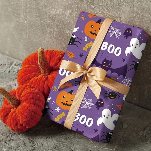 WRAPLULU Pink Halloween Wrapping Paper - 4 Jumbo Sheets, 28 * 40 Inches - Spider, Ghosts, Waith Hats, Cats and Pumpkin Gift Wrap, Perfect for Halloween's Decorations, Holiday, Party in Kuwait