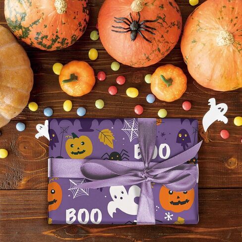 WRAPLULU Pink Halloween Wrapping Paper - 4 Jumbo Sheets, 28 * 40 Inches - Spider, Ghosts, Waith Hats, Cats and Pumpkin Gift Wrap, Perfect for Halloween's Decorations, Holiday, Party in Kuwait