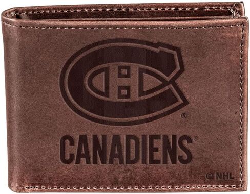 Team Sports America NHL Montreal Canadiens Brown Wallet | ثنائية الضعف | شعار مختوم مرخص رسميا | مصنوع من الجلد | منظم المال والبطاقات | صندوق الهدايا المدرجة in Kuwait