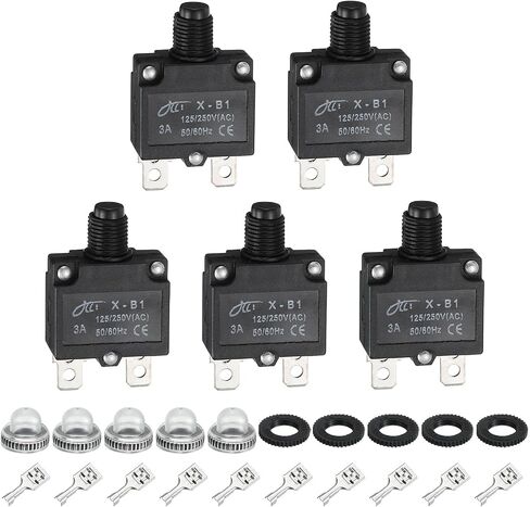 MECCANIXITY 5PCS 10A Thermal Circuit Breakers, 125/250V AC,32V DC Manual Reset Push Button Overload Protector Circuit Breaker with Waterproof Button Caps Quick Connector Terminals, X-B1 in Saudi Arabia